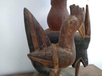 Alternative view of Vintage Indonesian Primitive Totem Stool Stand Rooster Buffalo Man Painted Art Carving Sculpture Wooden Wood 1950-1970's