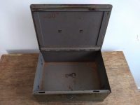 Alternative view of Antique French heavy metal firebox safe money cash bank security emergency box case bank storage prop circa 1940-50's