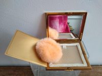 Alternative view of Vintage French Compact Gold Metal Powder Puff Case Decorated With Ornate Mother Of Pearl Decor Boxed Cased circa 1970-80's