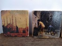 Alternative view of Vintage Turkish Small Printed Wall Tile Blue Mosque Turkish Bath Mixed Set Of Five Tiles Place Mats Placemats Worn c1970-80's