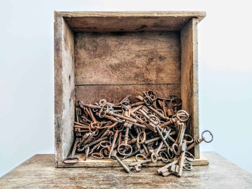 Antique French Rusty Key Job Lot Of Fifty 50 Lock Skeleton Chateaux Castle Estate Collection Prop Display circa 1880-1940’s