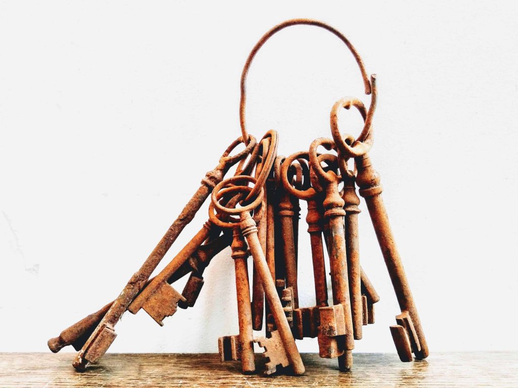 Antique French Rusty Key Job Lot Of Nineteen 19 Lock Skeleton Chateaux Castle Estate Collection Prop Display circa 1880-40’s