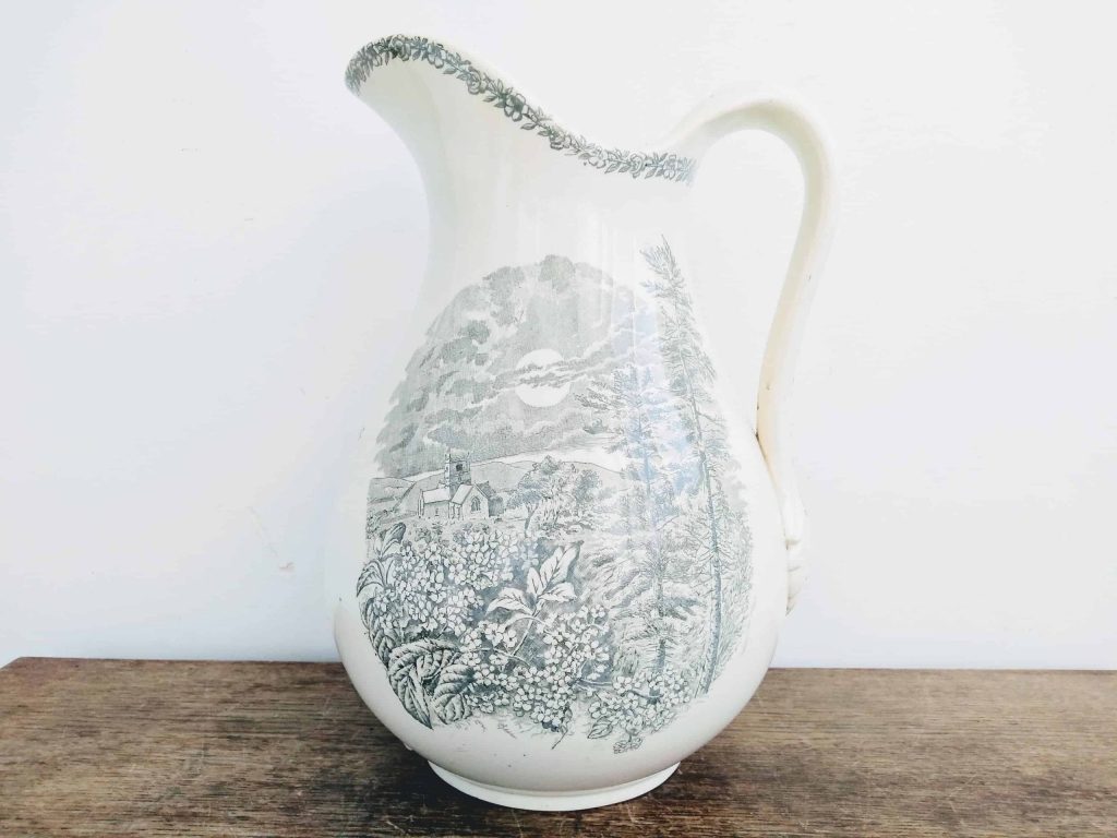Antique French Large Ceramic Wash Pitcher Jug Vase Rosa Romantic Transferware White Grey Cottage Ornament Display c1900’s