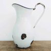 Vintage French Enamel Metal White Blue Metal Medium Watering Water Milk Jug Can Carafe Pitcher Vase Planter Rustic c1920-40's