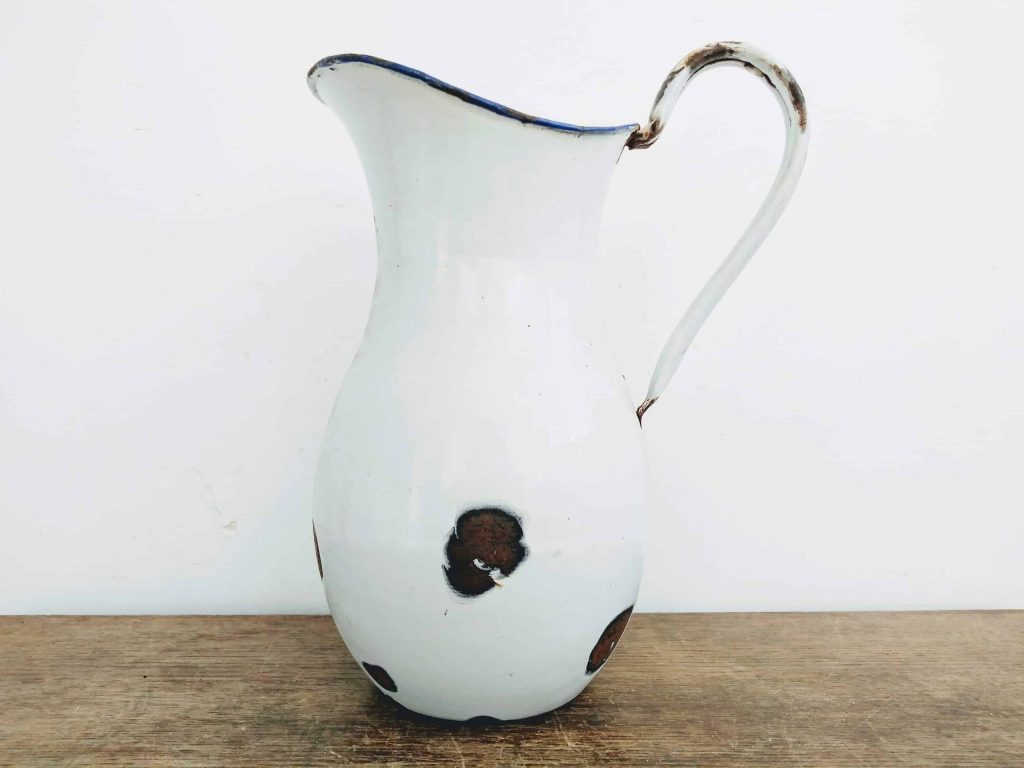 Vintage French Enamel Metal White Blue Metal Medium Watering Water Milk Jug Can Carafe Pitcher Vase Planter Rustic c1920-40’s