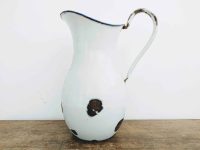 Vintage French Enamel Metal White Blue Metal Medium Watering Water Milk Jug Can Carafe Pitcher Vase Planter Rustic c1920-40's