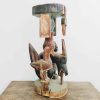 Vintage Indonesian Primitive Totem Stool Stand Rooster Buffalo Man Painted Art Carving Sculpture Wooden Wood 1950-1970's