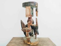 Vintage Indonesian Primitive Totem Stool Stand Rooster Buffalo Man Painted Art Carving Sculpture Wooden Wood 1950-1970's