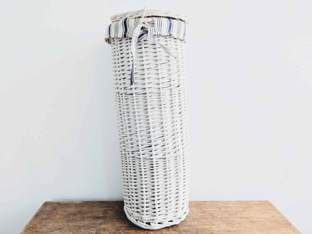 Vintage French White Blue Small Wicker Baguette Bread Storage Basket Cloth Lined Display Store Kitchen France circa 1970-80's