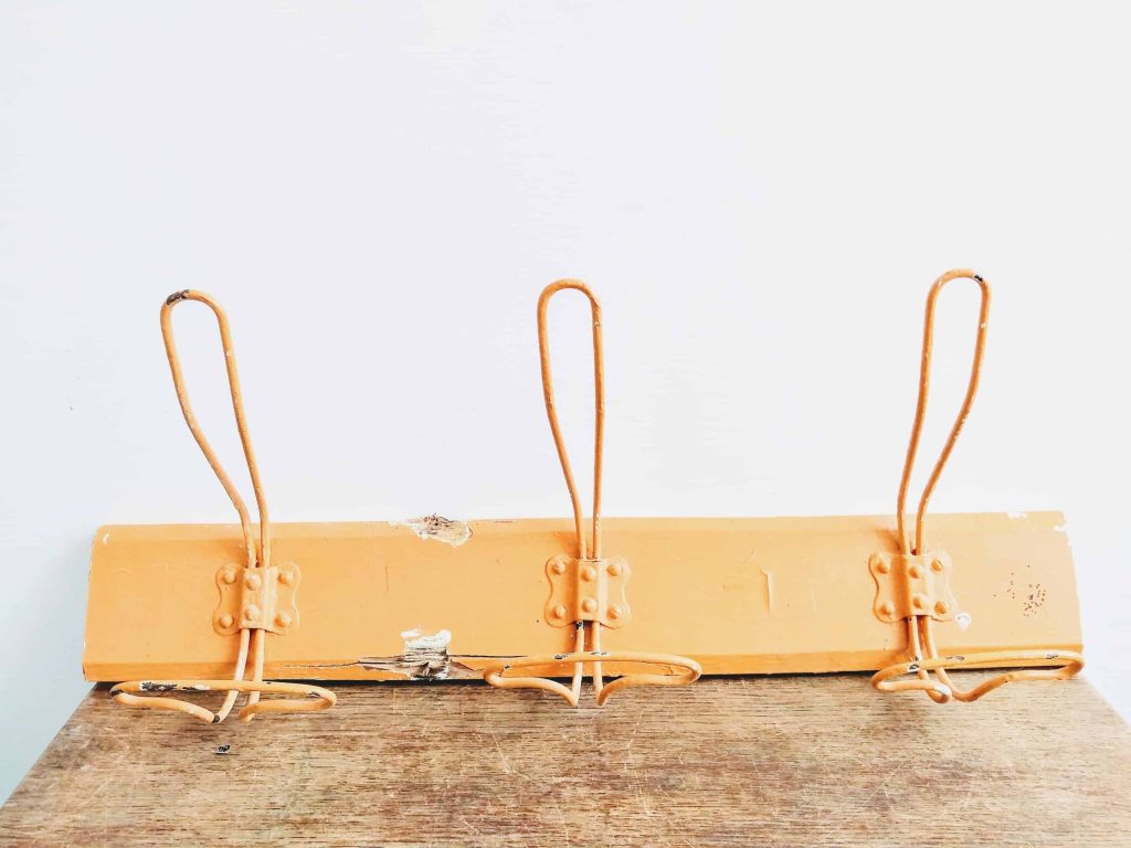 Vintage French Orange Metal Wire Three Hook Coat Rack Hook Hooks Storage Door Wall Hanging Shabby Chic Industrial c1930-50’s