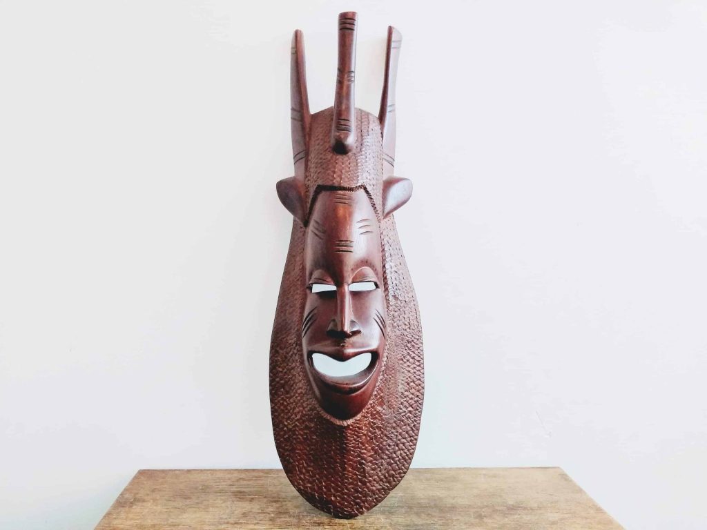 Vintage African Large Face Man Woman Mask Idol Statue Primitive Art Carving Sculpture Wooden Wood Wall Africa c1970-1980’s