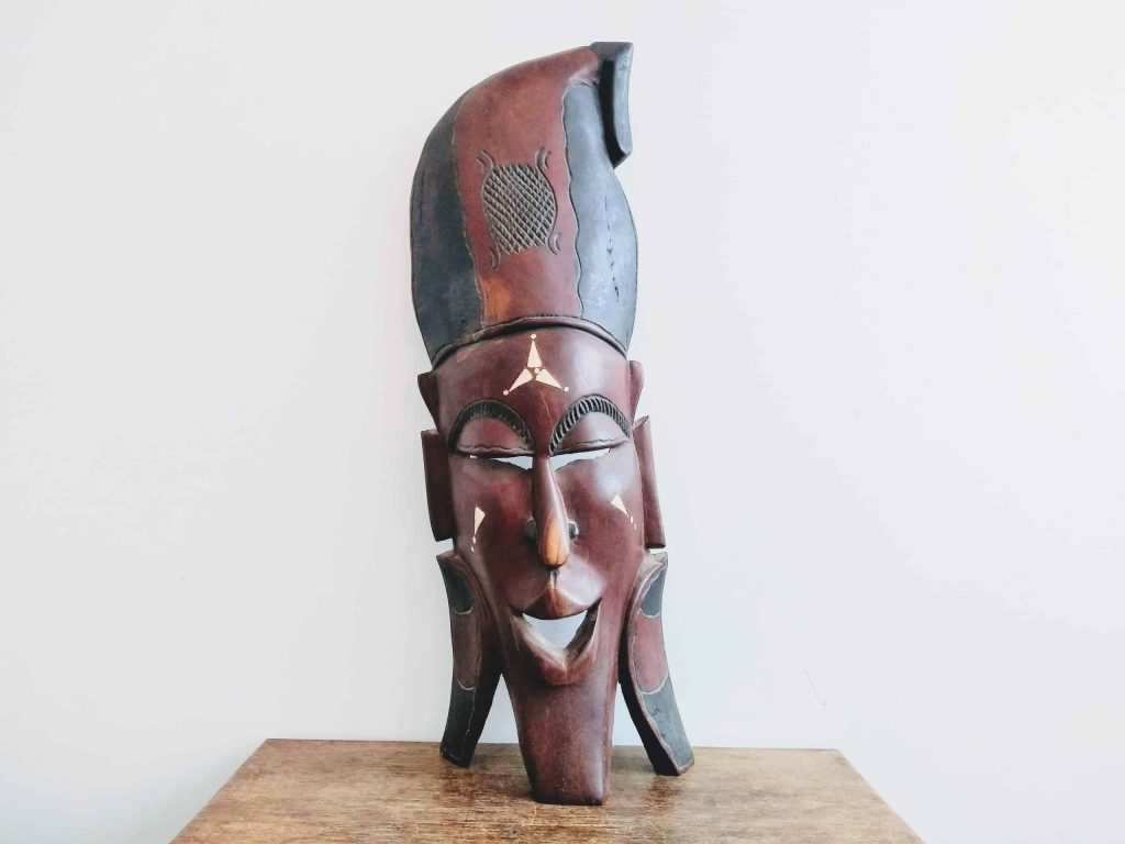 Vintage African Large Face Man Woman Mask Idol Statue Primitive Art Carving Sculpture Wooden Wood Wall Africa c1970-1980’s