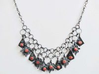 Vintage Moroccan Silver Metal with Red Dyed Coral Filigree Delicate  Necklace circa 1960-70's