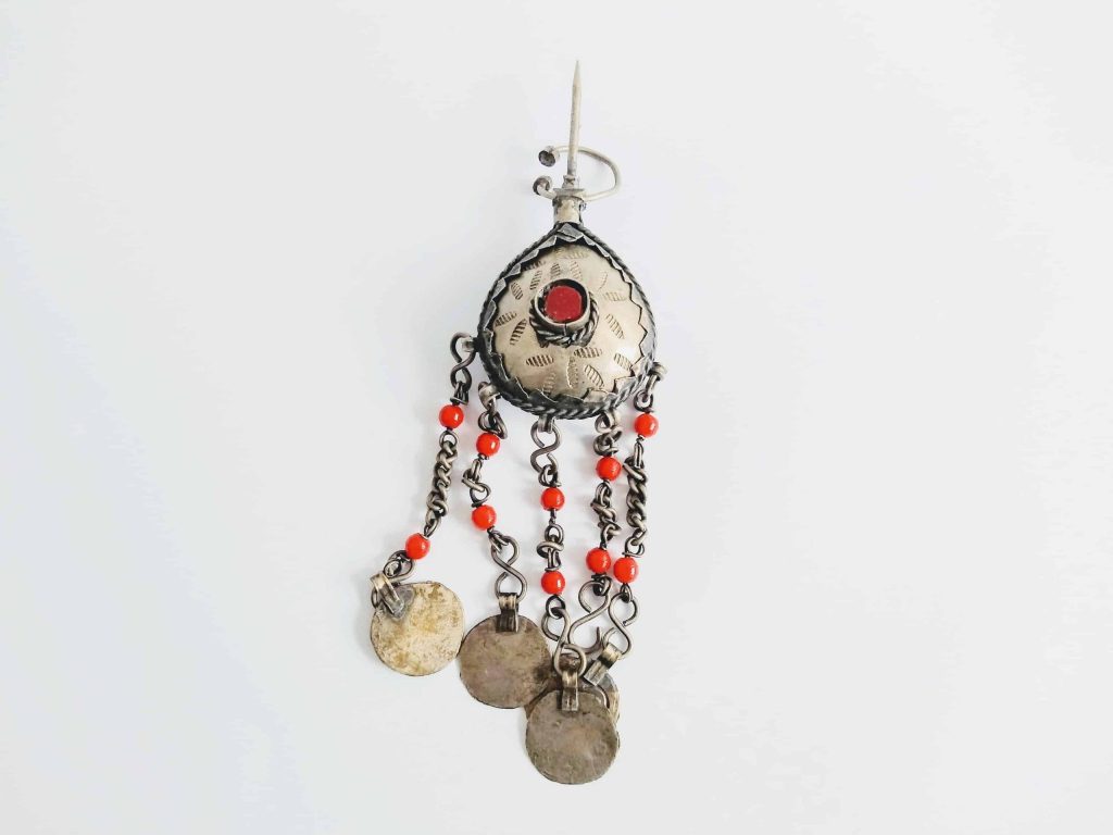 Vintage Moroccan Fibula Brooch Garment Closure Silver Metal Red Glass Details Tribal Berber Ethnic circa 1960-70's