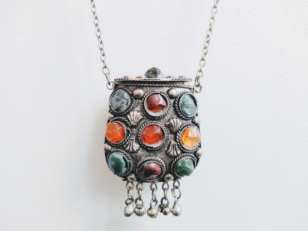 Vintage Moroccan Hippie Large Silver Metal Pocket Pendant Stone Detail Filigree Pendant on Chain Necklace circa 1970-80's