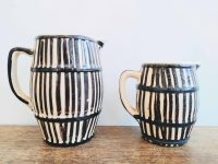 Vintage French Pottery Mustard Yellow Beige Glazed Vase Milk Water Juice Jug Handled Striped circa 1920-40's