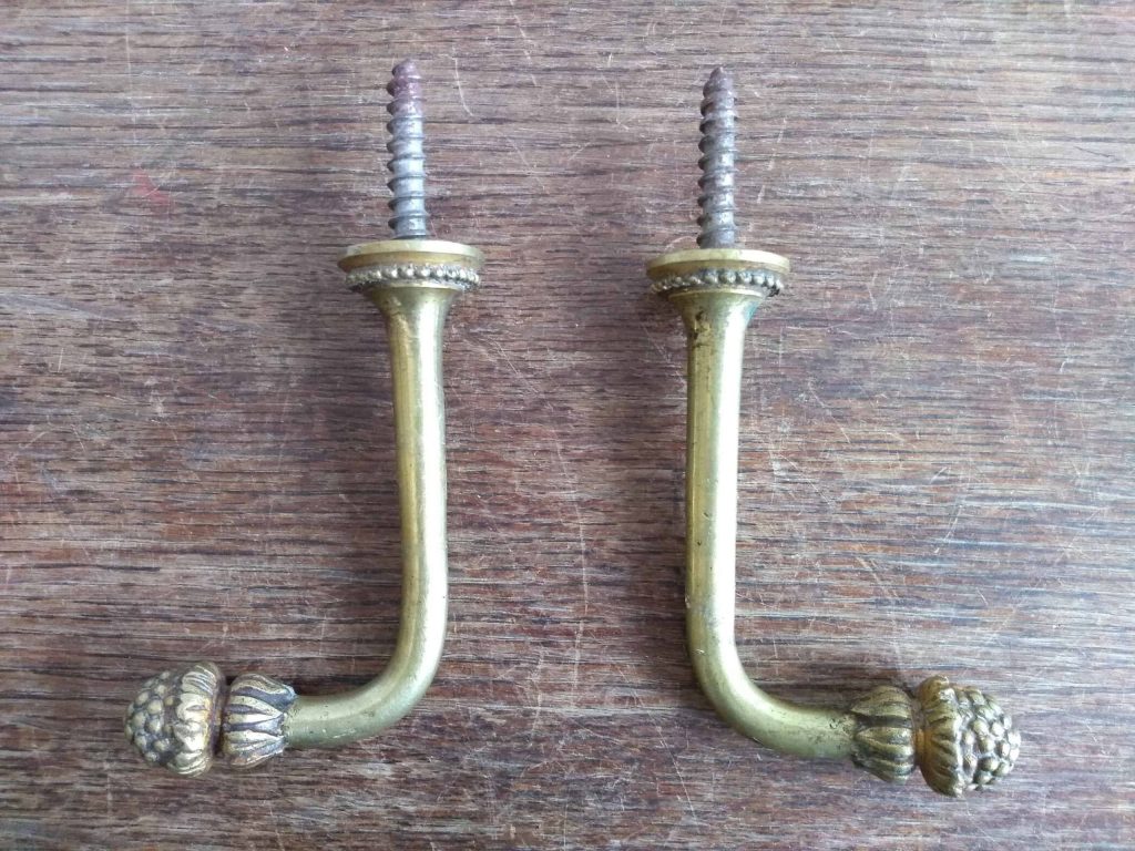 Vintage French Brass Blackberry Screw In Curtain Door Coat Hook Hanger Hooks Hangers Interior Pair circa 1970-80’s