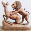 Antique English Wooden Wood Carved Lion And Dear Antelope Hunting Scene Decorative Figurine Ornament Decoration c1910-20's