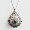 Vintage Moroccan Large Silver Metal Teardrop with Glass Center Filigree Pendant on Chain Necklace circa 1960-70's
