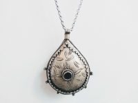 Vintage Moroccan Large Silver Metal Teardrop with Glass Center Filigree Pendant on Chain Necklace circa 1960-70's