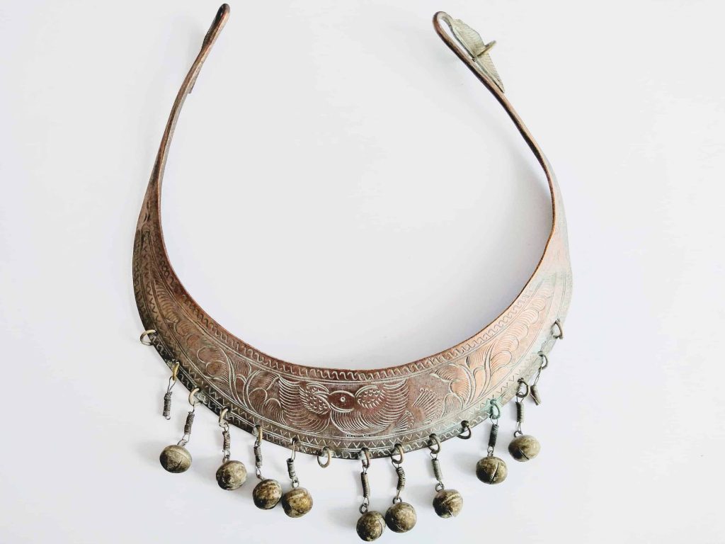 Vintage Thai Collar Necklace Jewelry Adornment Copper Metal Oxidized Bird of Paradise Motive Bell Charms circa 1960-70’s