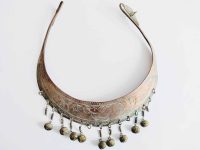 Vintage Thai Collar Necklace Jewelry Adornment Copper Metal Oxidized Bird of Paradise Motive Bell Charms circa 1960-70's