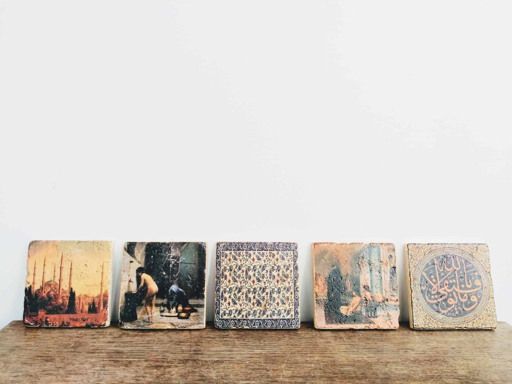 Vintage Turkish Small Printed Wall Tile Blue Mosque Turkish Bath Mixed Set Of Five Tiles Place Mats Placemats Worn c1970-80’s
