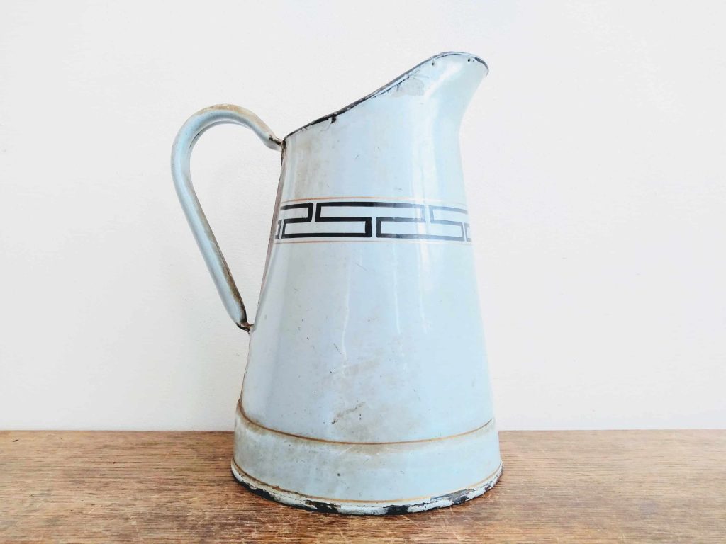 Vintage French Enamel Metal Blue Metal Medium Watering Water Milk Jug Can Carafe Pitcher Vase Planter Rustic c1940-50’s