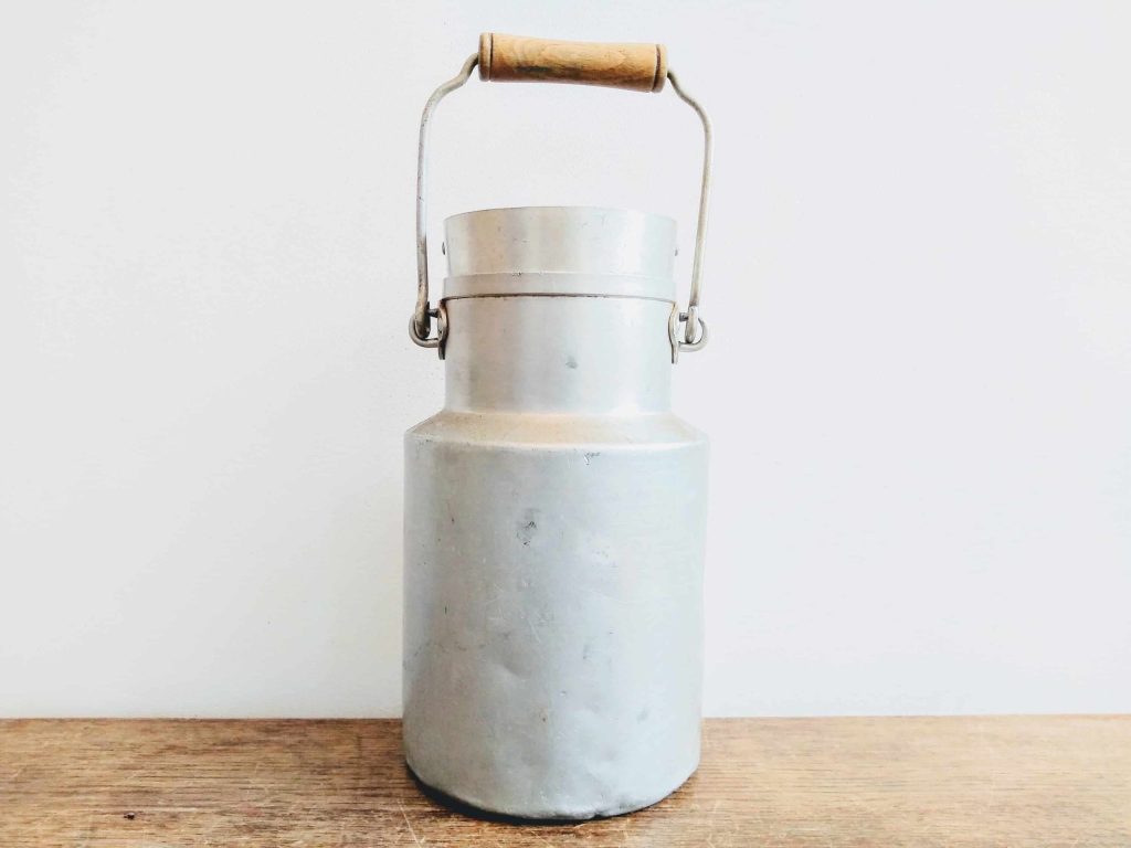 Vintage French Silver Aluminium Metal Wood Handled Milk Storage Carrying Churn Pot Container Display circa 1950-60’s
