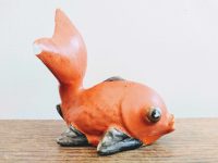 Vintage Chinese Ceramic Fantail Goldfish Fish Ornament Decoration Gold Orange Colour Decor Decorative Figurine c1920-40's