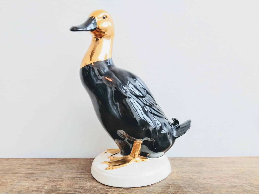 Vintage West German Goebel Black Mallard Duck With Gold Features Porcelain Bird Figurine Ornament Decor circa 1950-60’s