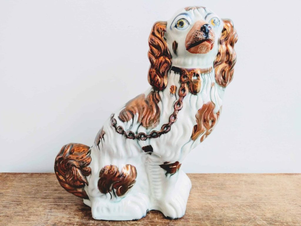Antique English Staffordshire Spaniel Dog Lusterware Lustreware Ceramic Ornament Decoration Copper Orange Figurine c1880-90’s