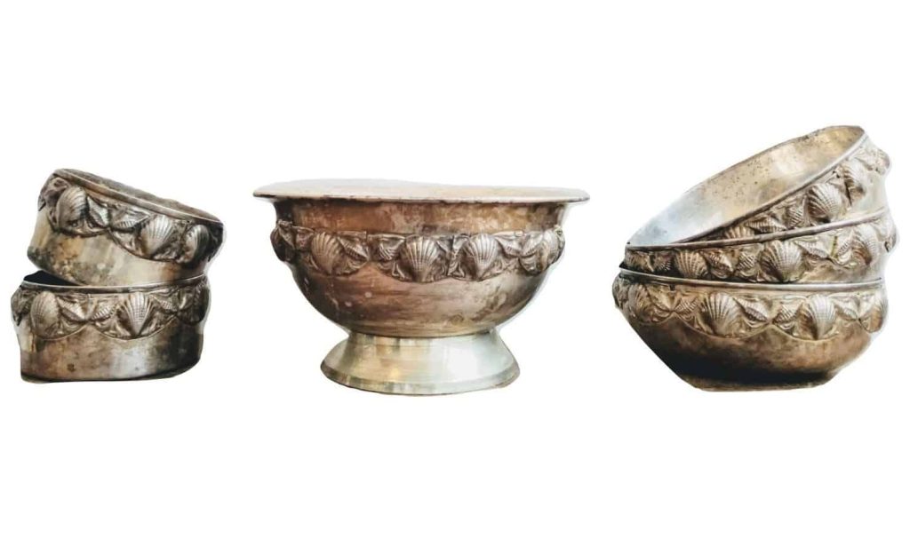 Vintage Indian Silver Plated Metal Sea Shell Decorated Bowls & Dishes bar decor cooler tarnish patina bowl dish c1960-70’s