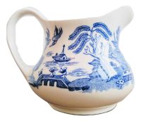 Vintage English Old Willow Design Ironstone Milk Jug Pitcher White Blue Ceramic Ornament Serving Display c1960-70's