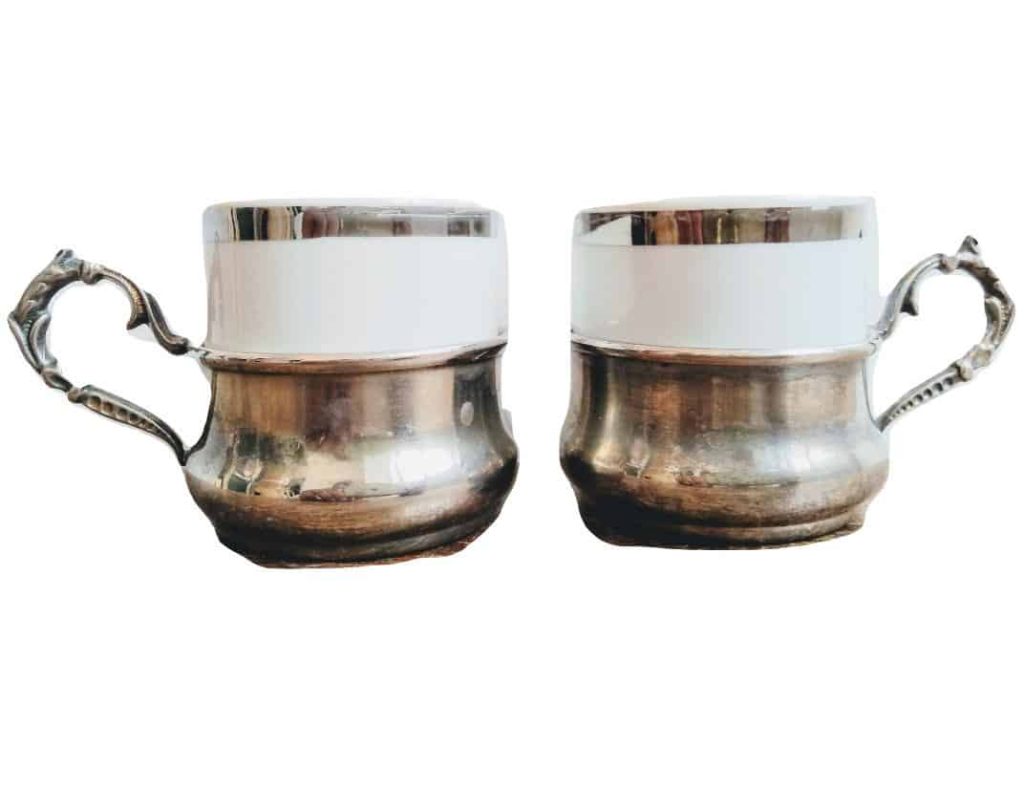 Vintage East German Italian Espresso Coffee Ceramic Tea Cup Metal Handled Cups Ornately Decorated DDR circa 1960-70’s