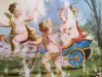 Alternative view of Vintage French Wood Pot Pan Trivet Cermaic Porcelain Putti Angel Cherub Image Stand Plant Ornament Table Protector c1940-50's