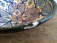 Alternative view of Vintage Moroccan Tunisian Cous Cous Dish Bowl Green Blue Pottery Stoneware Pot Serving Arabian Theme Display circa 1950-60's