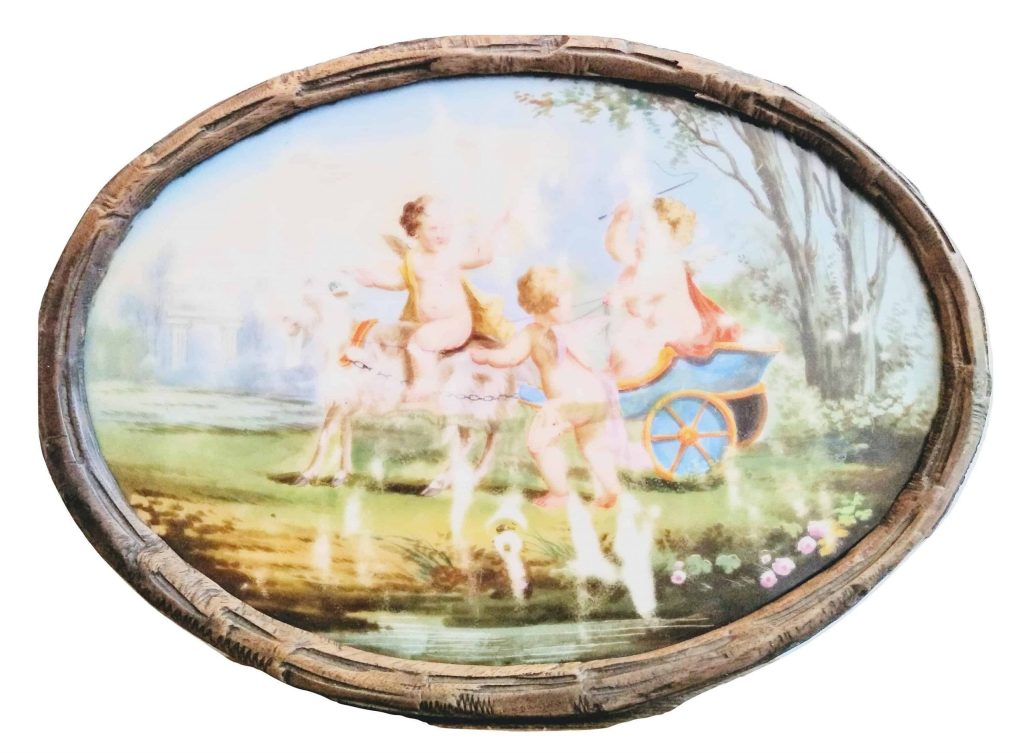 Vintage French Wood Pot Pan Trivet Cermaic Porcelain Putti Angel Cherub Image Stand Plant Ornament Table Protector c1940-50’s 3
