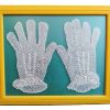 Vintage French Embroidered Framed White Cotton Wedding Christening Church Hand Gloves Lady Size circa 1940-50's
