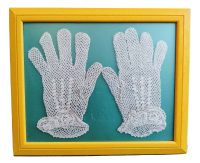 Vintage French Embroidered Framed White Cotton Wedding Christening Church Hand Gloves Lady Size circa 1940-50's