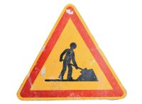 Vintage French Large Bashed Bruised Yellow Red Road Works Triangular Metal Roadsign Road Sign Automobilia Man Cave c1980-90's