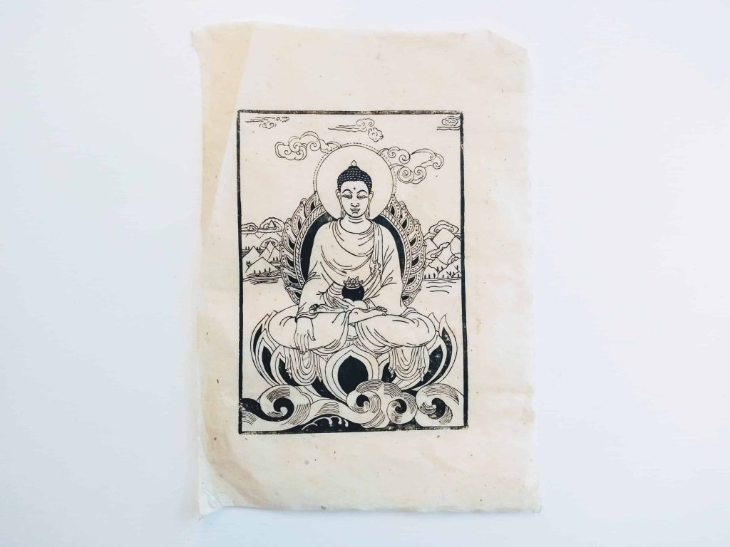 Vintage Nepalese Lokta Himalaya Buddhist Buddhism Buddha Traditional Temple Print On Handmade Paper Picture Art c1960-70’s