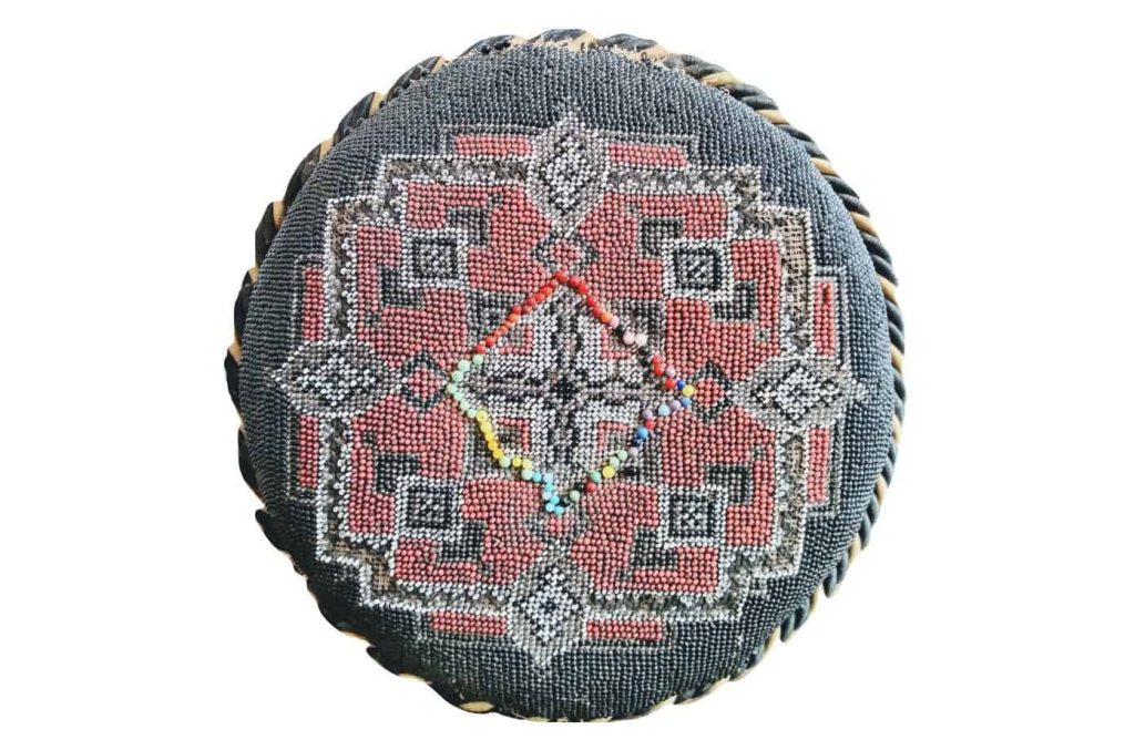 Antique English Beaded Sewing Hat Pin Cushion Pincushion Footstool Foot Stool Wooden Bench Seat Furniture Display c1900-10’s