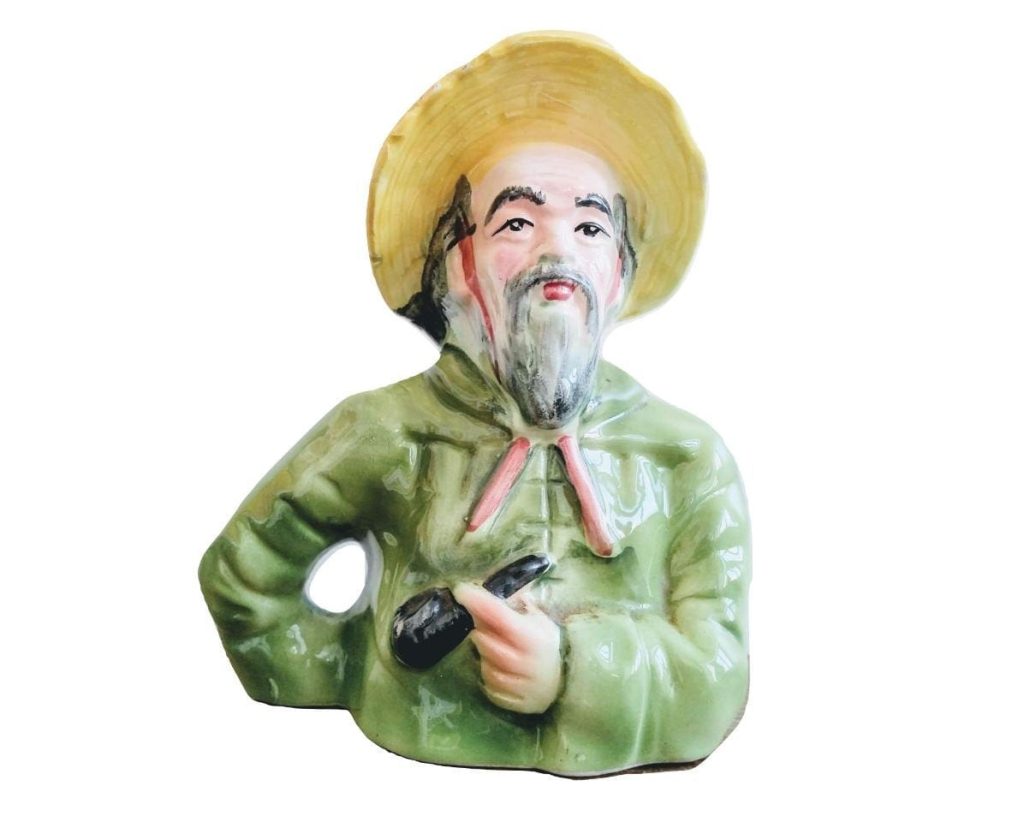 Vintage French Ceramic Chinese Green Shirt Yellow Hat Pipe Smoking Man Decorative Ornament Bust Display China c1960-70’s