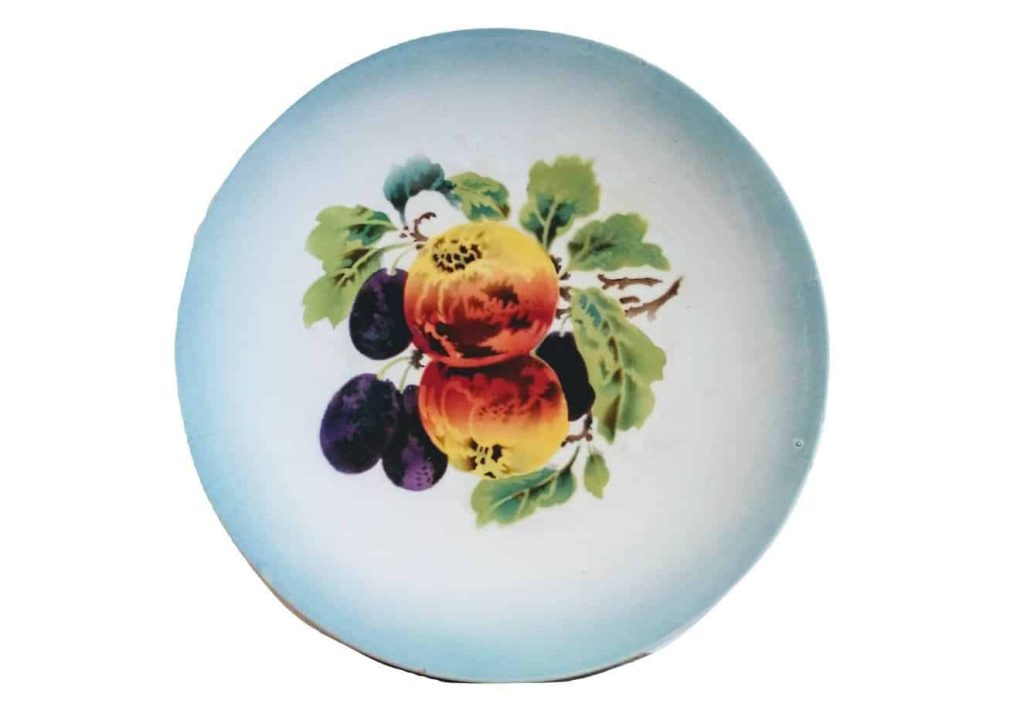 Vintage French Fruit Damson Plum Peach Decorated Blue White Ceramic Hanging Heavy Dinner Large Plate Fruit circa 1940-50’s
