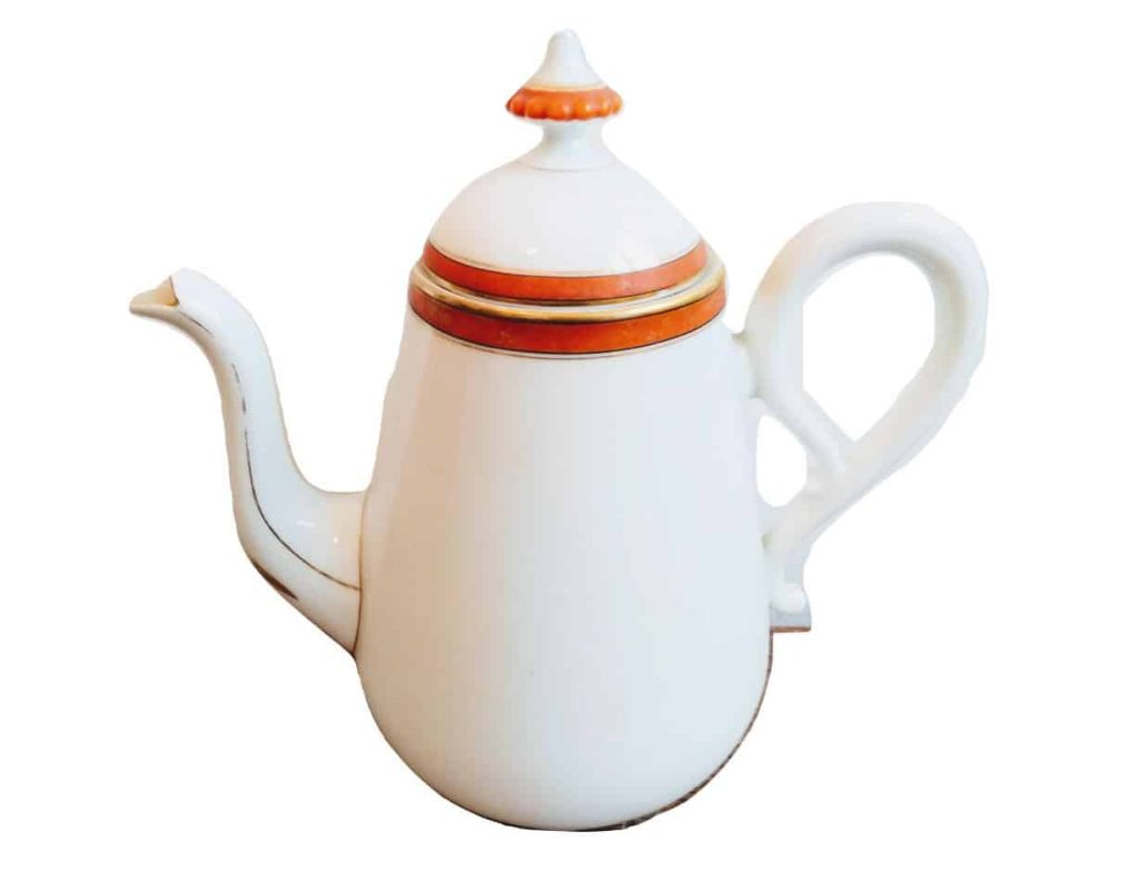 Vintage French White Orange Tea Pot Teapot Ceramic Ornament Serving Display Traditional Ornate Design Coffee c1950-60’s