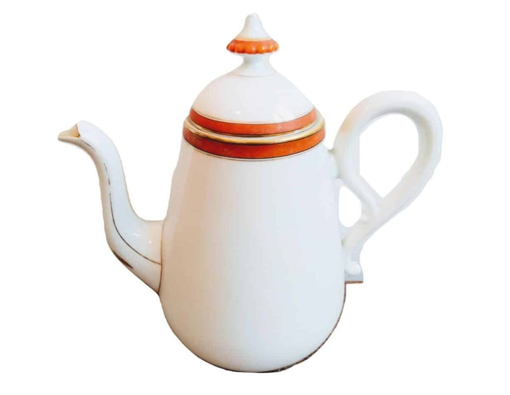 Vintage French White Orange Tea Pot Teapot Ceramic Ornament Serving Display Traditional Ornate Design Coffee c1950-60’s 3