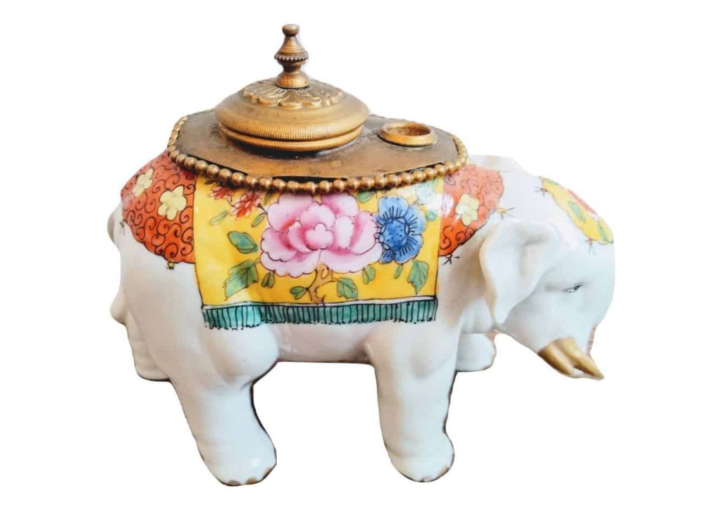 Antique French Elephant Faience Porcelain Inkwell Hand Painted Aladin Signed Writers Gift Decor Ornament DAMAGED c1900’s