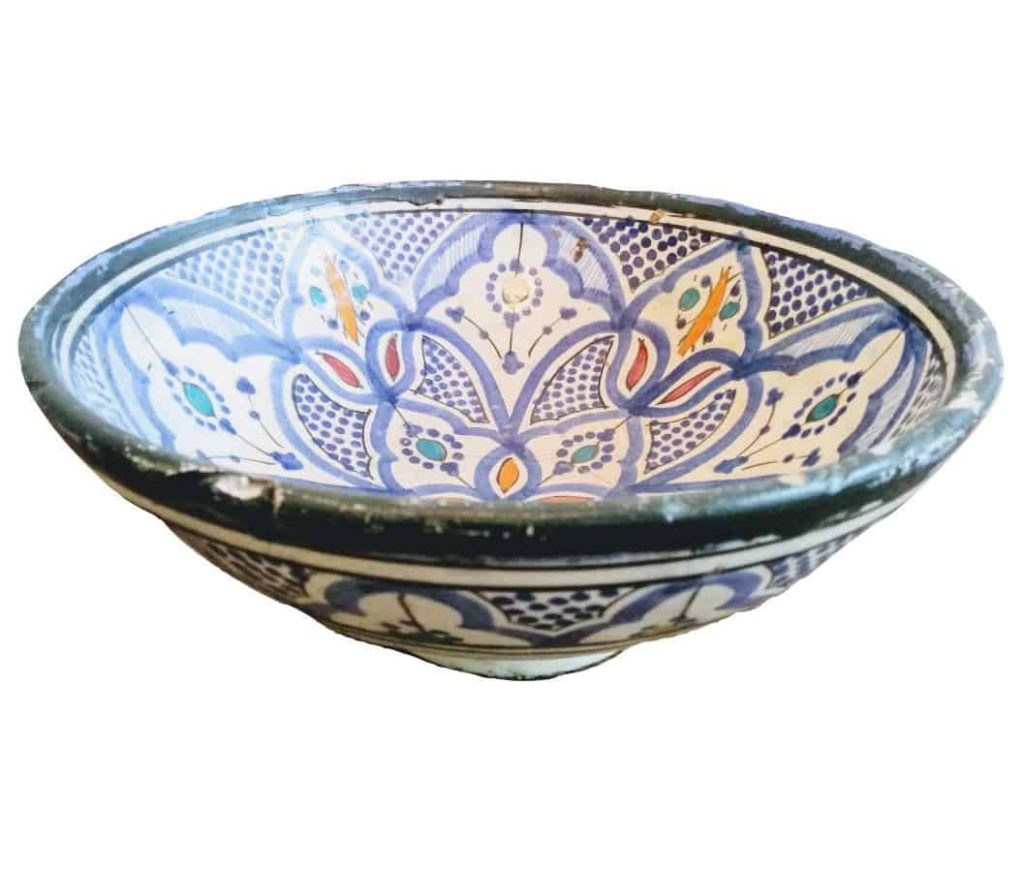 Vintage Moroccan Tunisian Cous Cous Dish Bowl Green Blue Pottery Stoneware Pot Serving Arabian Theme Display circa 1950-60’s