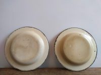 Alternative view of Vintage French Yellow Green Worn Enamel Small Metal Pair Of Plate Plates Serving Bowl Dish Pot Kitchen Display circa 1950's